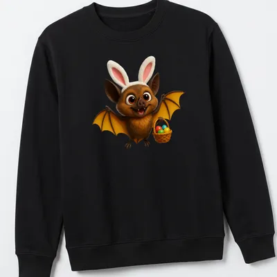 Cartoon bat with a basket of colorful Easter eggs in a playful design — printed on a unisex sweatshirt