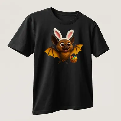 Cartoon bat with a basket of colorful Easter eggs in a playful design — printed on a unisex t-shirt (angled view)