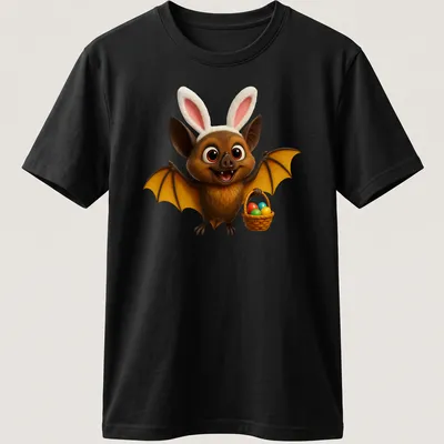 Cartoon bat with a basket of colorful Easter eggs in a playful design
