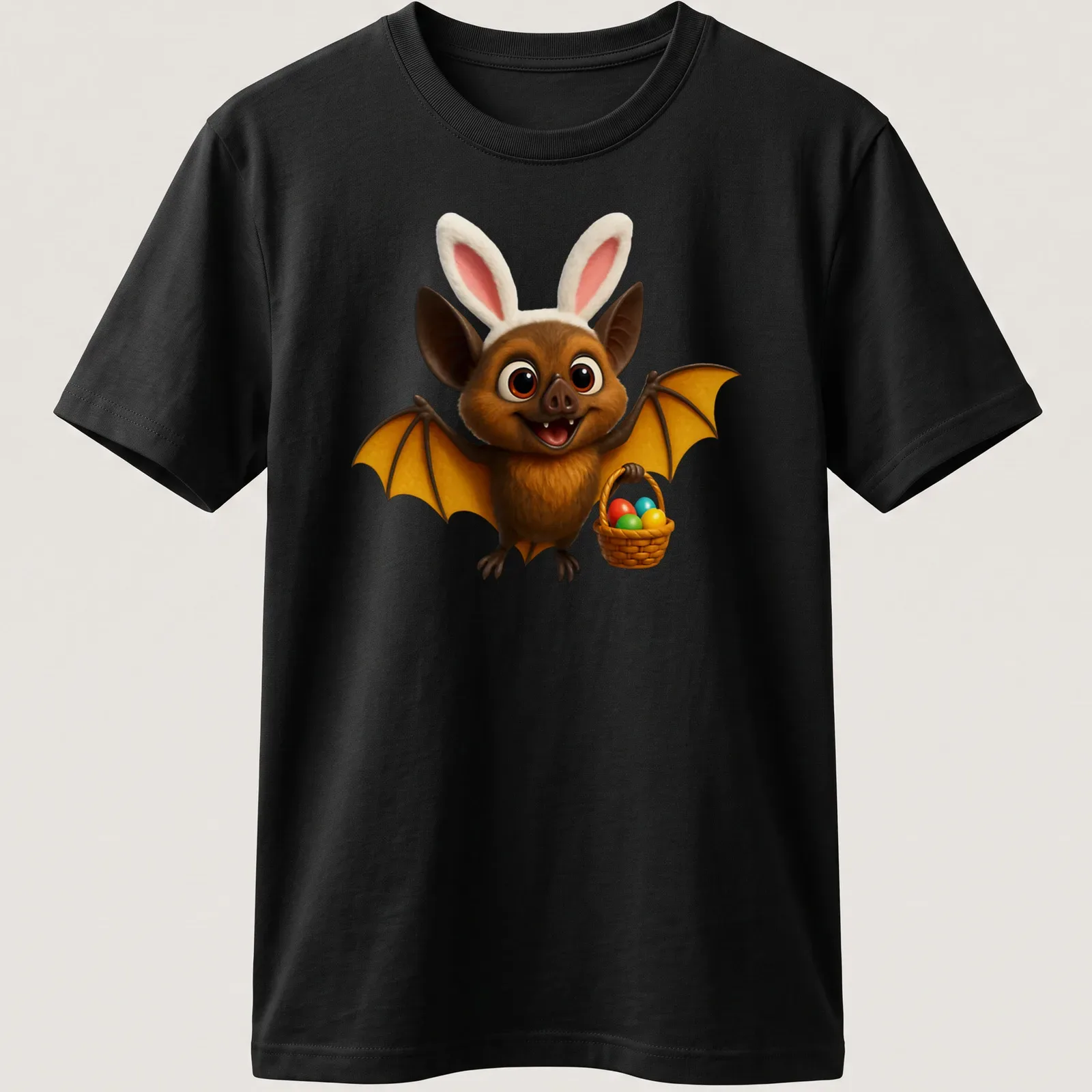 Cartoon bat with a basket of colorful Easter eggs in a playful design — printed on a unisex t-shirt