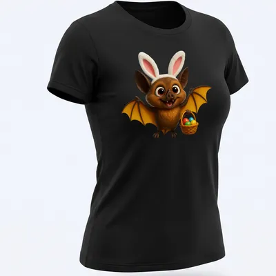 Cartoon bat with a basket of colorful Easter eggs in a playful design — printed on a women's shirt