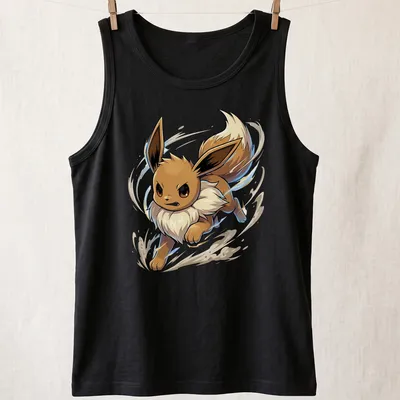 Anime style illustration of Eevee running energetically in brown and cream — printed on a tank top