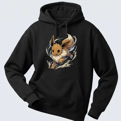 Anime style illustration of Eevee running energetically in brown and cream — printed on a unisex hoodie
