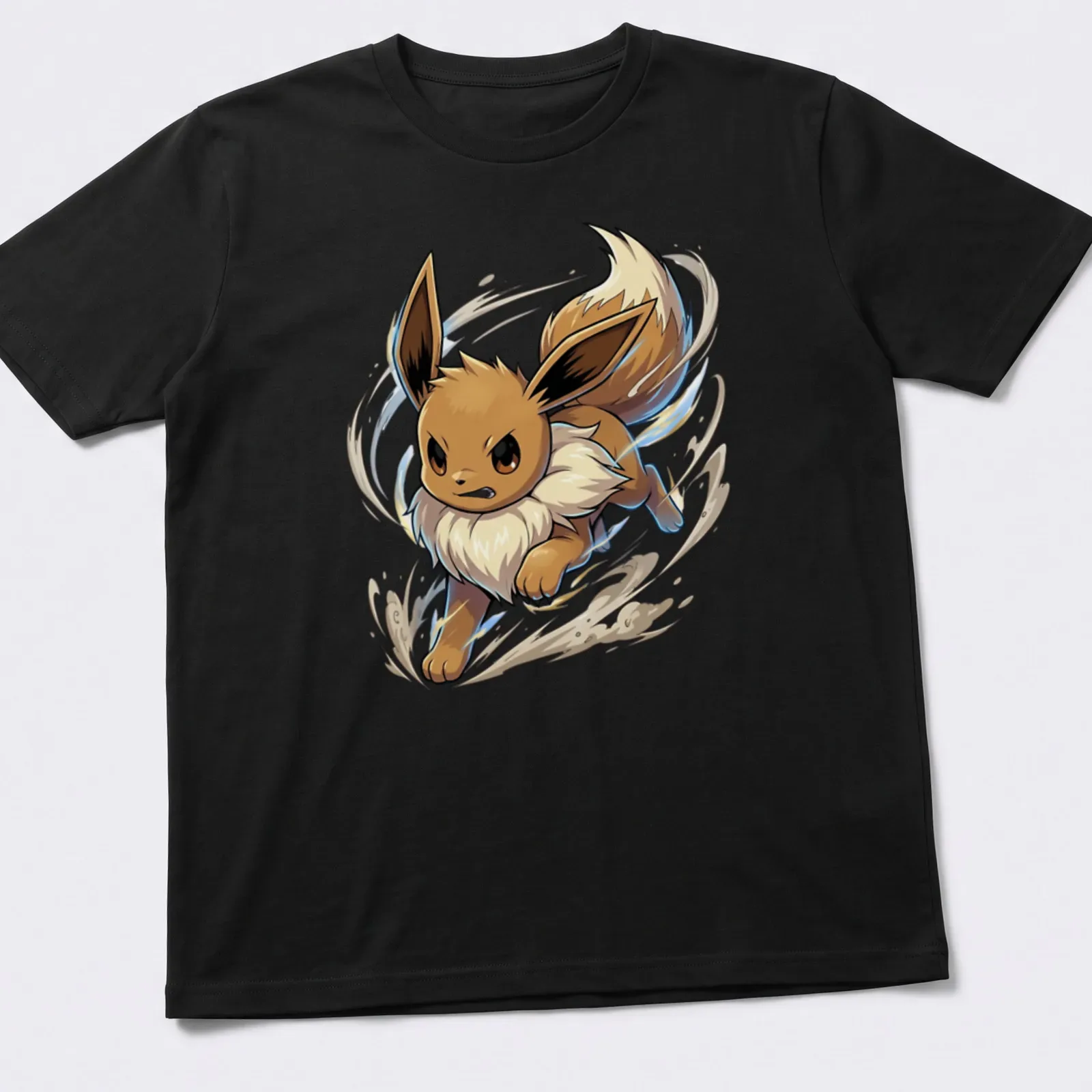 Anime style illustration of Eevee running energetically in brown and cream — printed on a unisex t-shirt