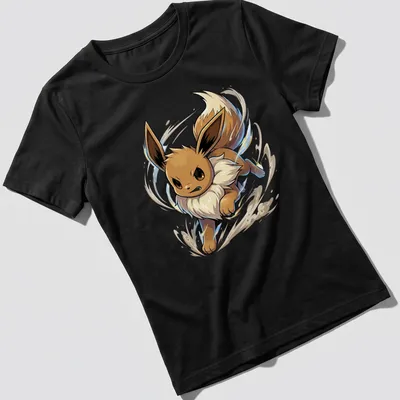 Anime style illustration of Eevee running energetically in brown and cream — printed on a women's shirt