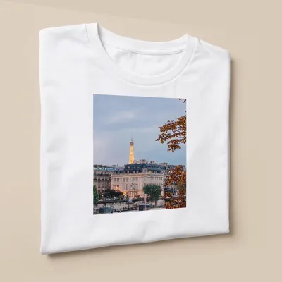 Photographic print of the Eiffel Tower with a Paris cityscape in gray, gold, green, and brown — printed on a unisex t-shirt (angled view)