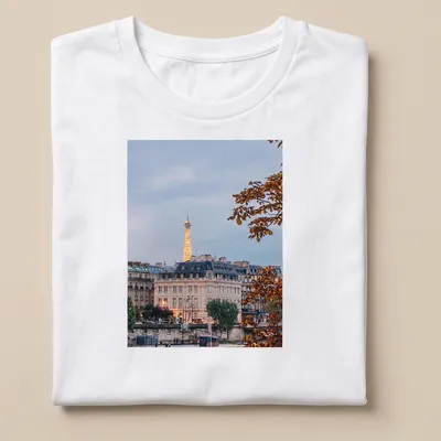 Photographic print of the Eiffel Tower with a Paris cityscape in gray, gold, green, and brown — printed on a unisex t-shirt