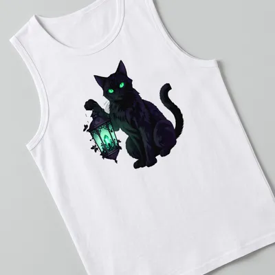 Black cat with emerald eyes holding a lantern in an illustrative gothic style — printed on a tank top
