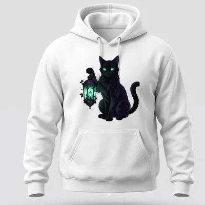 Black cat with emerald eyes holding a lantern in an illustrative gothic style — printed on a unisex hoodie