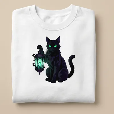 Black cat with emerald eyes holding a lantern in an illustrative gothic style — printed on a unisex sweatshirt