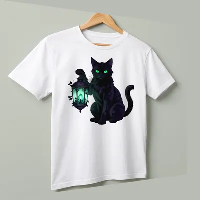 Black cat with emerald eyes holding a lantern in an illustrative gothic style — printed on a unisex t-shirt (angled view)