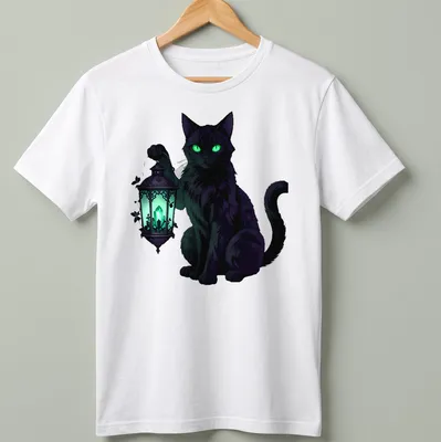 Black cat with emerald eyes holding a lantern in an illustrative gothic style