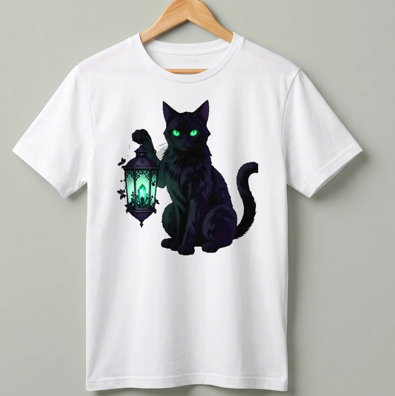 Black cat with emerald eyes holding a lantern in an illustrative gothic style — printed on a unisex t-shirt