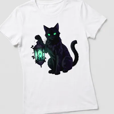 Black cat with emerald eyes holding a lantern in an illustrative gothic style — printed on a women's shirt