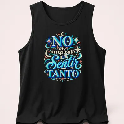 Colorful typography t-shirt with the empowering quote 'NO me arrepiento de Sentir TANTO' — printed on a tank top