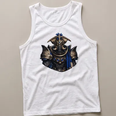 Detailed fantasy art t-shirt featuring Empress Caiatl in gold, blue, and black — printed on a tank top