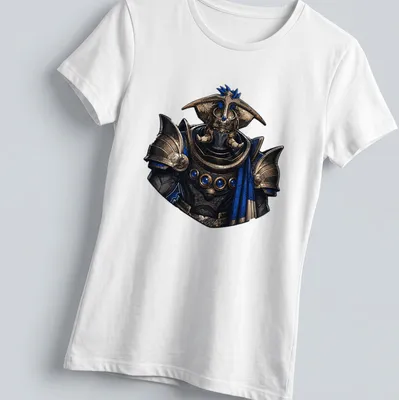 Detailed fantasy art t-shirt featuring Empress Caiatl in gold, blue, and black — printed on a women's shirt