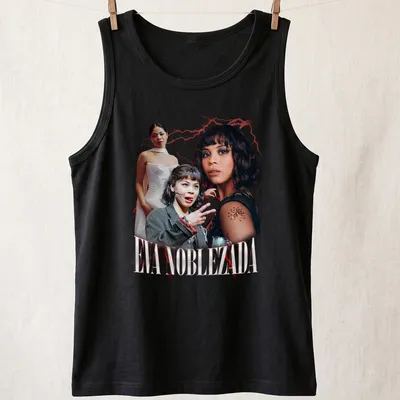 Retro vintage Eva Noblezada t-shirt with bold lettering in red, white, and black — printed on a tank top