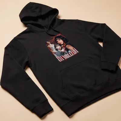 Retro vintage Eva Noblezada t-shirt with bold lettering in red, white, and black — printed on a unisex hoodie