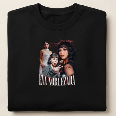 Retro vintage Eva Noblezada t-shirt with bold lettering in red, white, and black — printed on a unisex sweatshirt