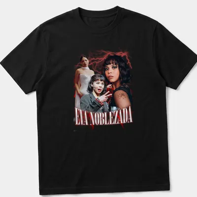 Retro vintage Eva Noblezada t-shirt with bold lettering in red, white, and black
