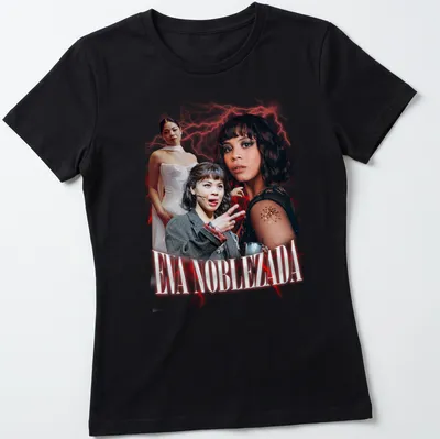 Retro vintage Eva Noblezada t-shirt with bold lettering in red, white, and black — printed on a women's shirt