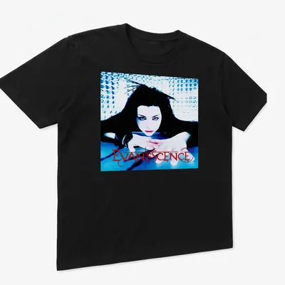 Gothic style t-shirt featuring Evanescence and Amy Lee in black, blue, and red. — printed on a unisex t-shirt (angled view)