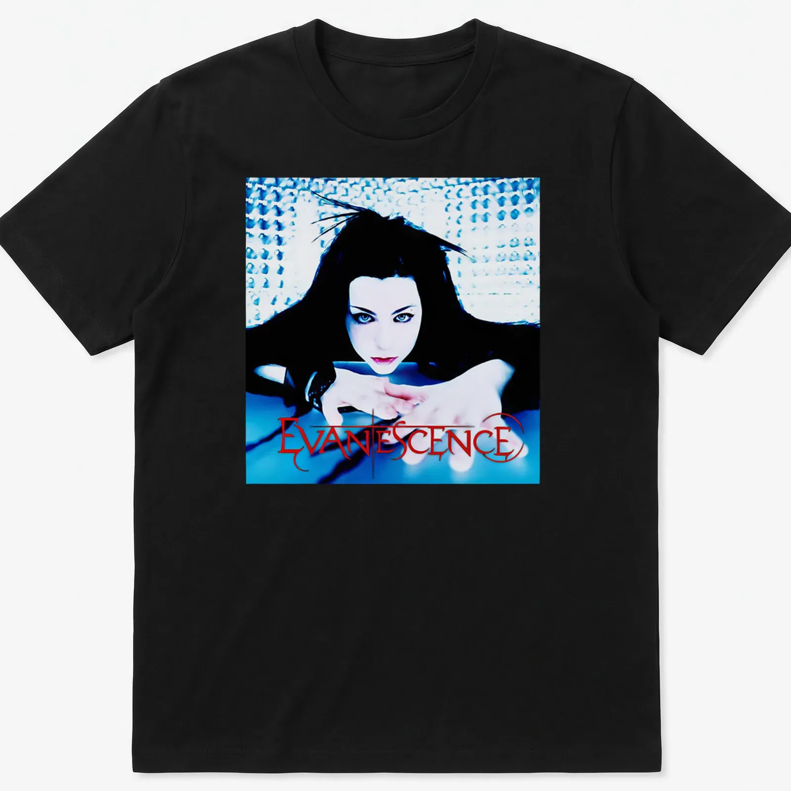 Gothic style t-shirt featuring Evanescence and Amy Lee in black, blue, and red. — printed on a unisex t-shirt