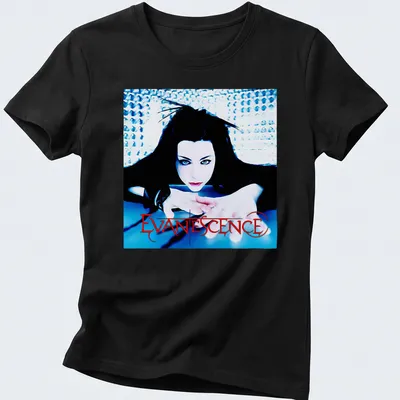Gothic style t-shirt featuring Evanescence and Amy Lee in black, blue, and red. — printed on a women's shirt