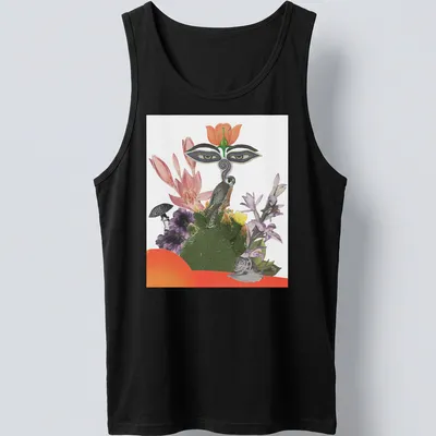 Colorful collage of a falcon and floral elements with bold text The Big Falcon — printed on a tank top