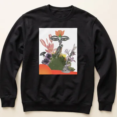 Colorful collage of a falcon and floral elements with bold text The Big Falcon — printed on a unisex sweatshirt