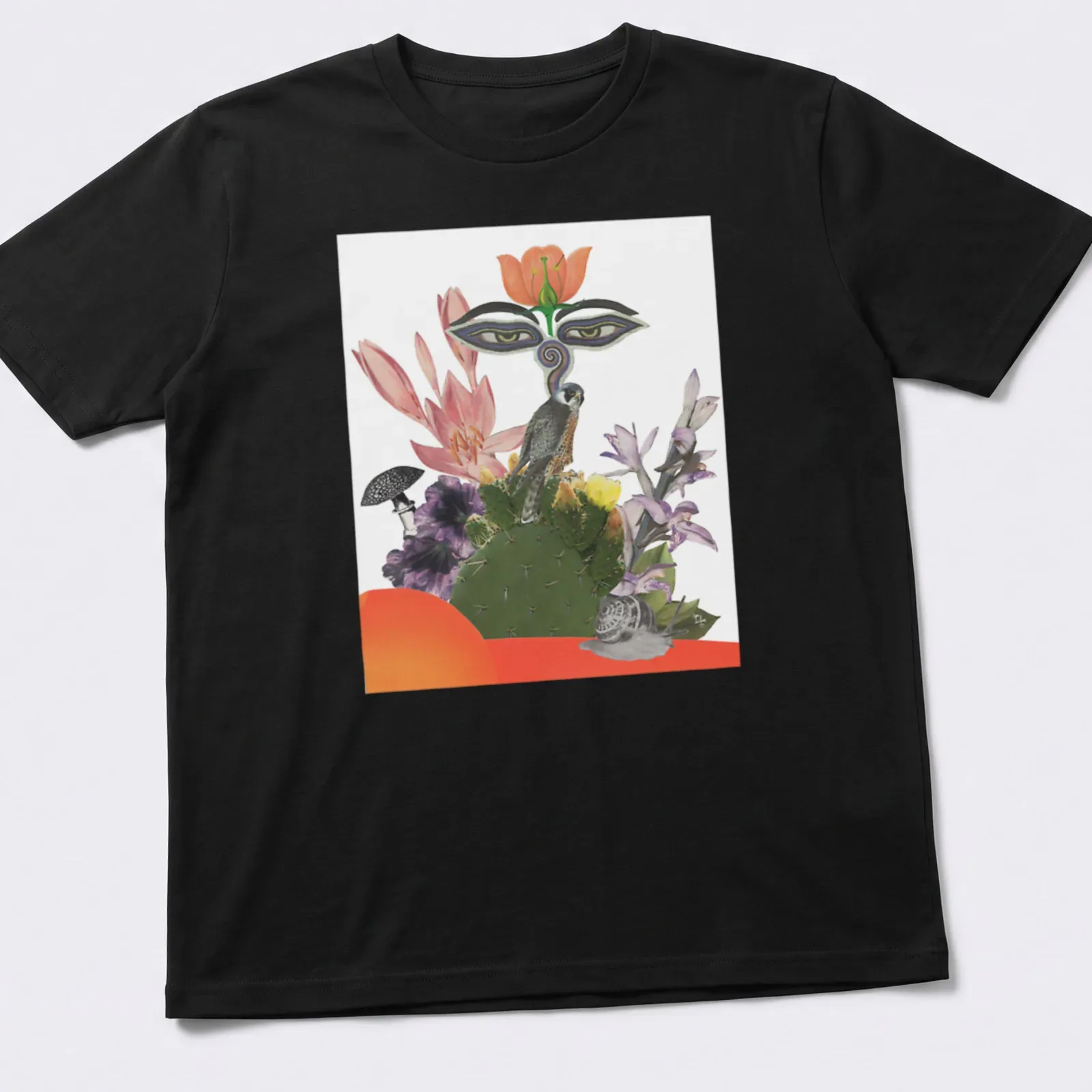 Colorful collage of a falcon and floral elements with bold text The Big Falcon — printed on a unisex t-shirt