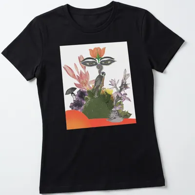 Colorful collage of a falcon and floral elements with bold text The Big Falcon — printed on a women's shirt
