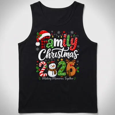 Colorful cartoon Family 2026 Christmas shirt with snowman and reindeer — printed on a tank top