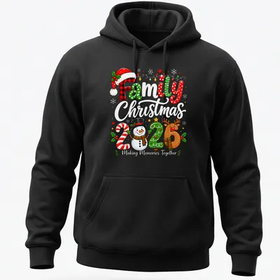 Colorful cartoon Family 2026 Christmas shirt with snowman and reindeer — printed on a unisex hoodie