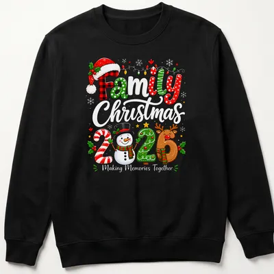 Colorful cartoon Family 2026 Christmas shirt with snowman and reindeer — printed on a unisex sweatshirt