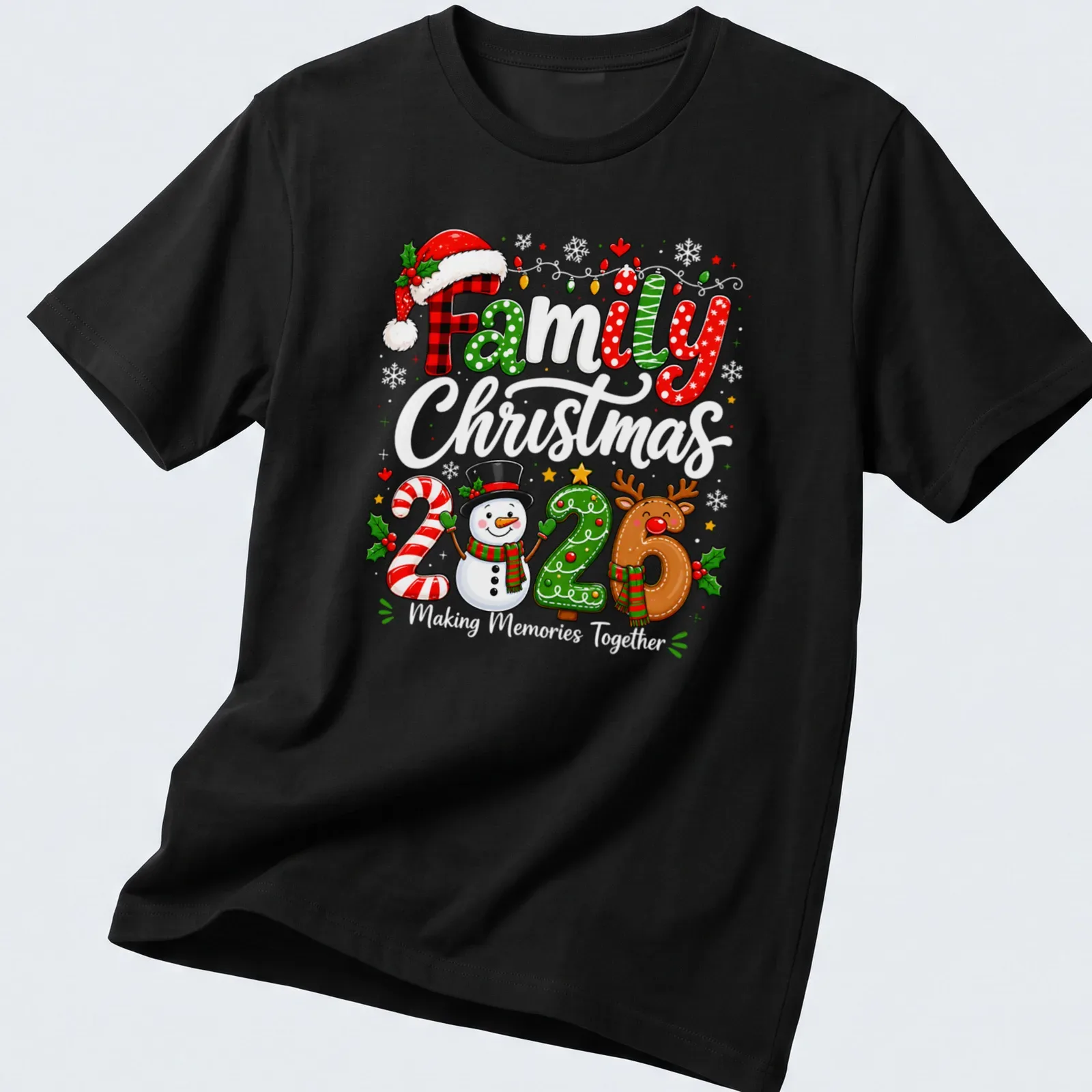 Colorful cartoon Family 2026 Christmas shirt with snowman and reindeer — printed on a unisex t-shirt