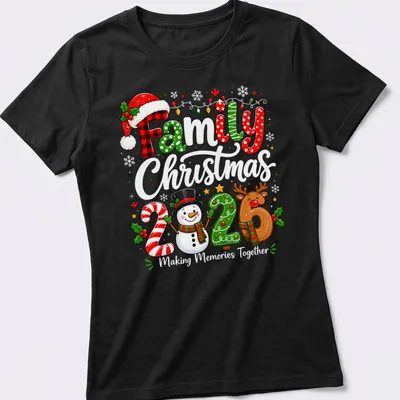 Colorful cartoon Family 2026 Christmas shirt with snowman and reindeer — printed on a women's shirt
