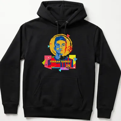 Colorful pop art design featuring Ferran Torres in vibrant hues — printed on a unisex hoodie