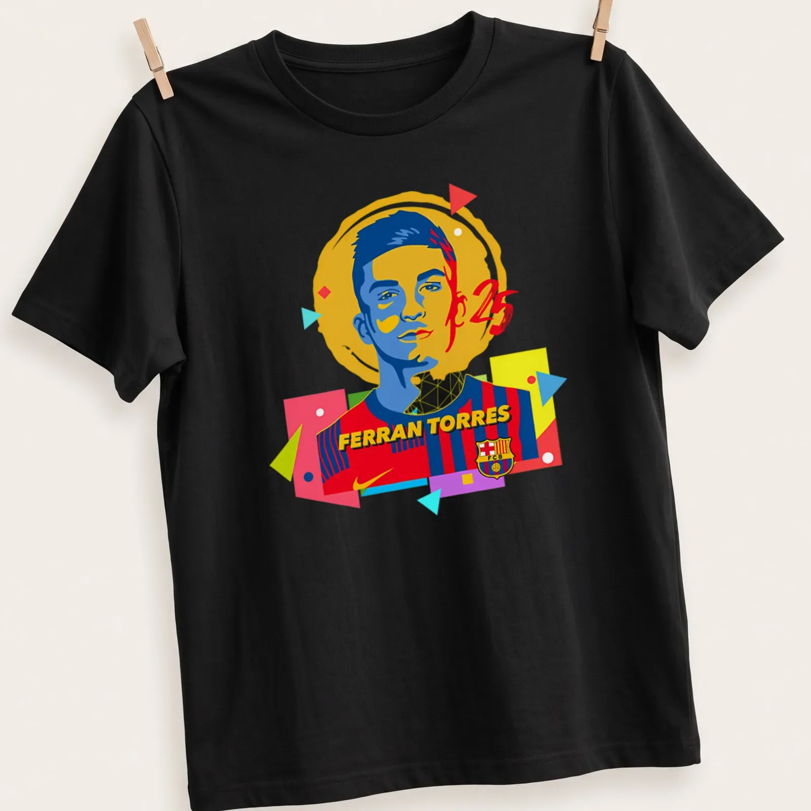 Colorful pop art design featuring Ferran Torres in vibrant hues — printed on a unisex t-shirt