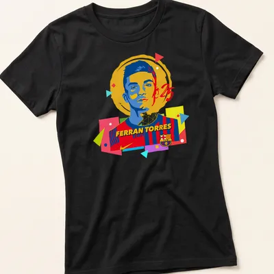 Colorful pop art design featuring Ferran Torres in vibrant hues — printed on a women's shirt