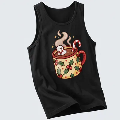 Cartoon hot cocoa cup with a snowman and candy canes in festive colors — printed on a tank top