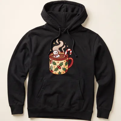 Cartoon hot cocoa cup with a snowman and candy canes in festive colors — printed on a unisex hoodie