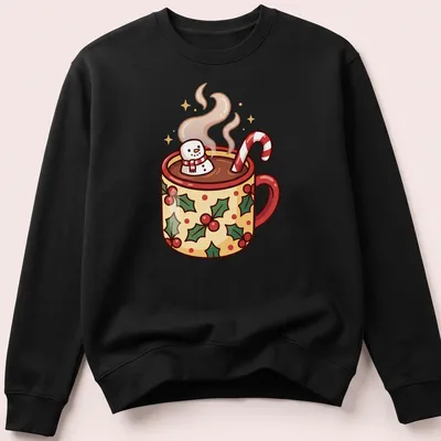Cartoon hot cocoa cup with a snowman and candy canes in festive colors — printed on a unisex sweatshirt