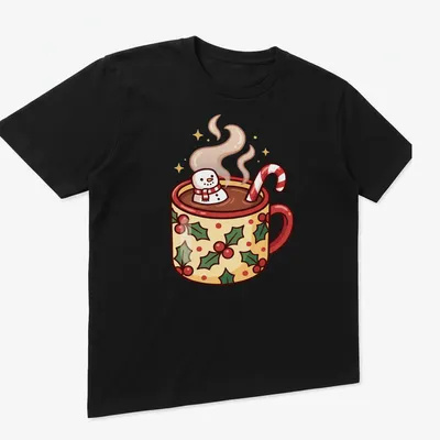 Cartoon hot cocoa cup with a snowman and candy canes in festive colors — printed on a unisex t-shirt (angled view)