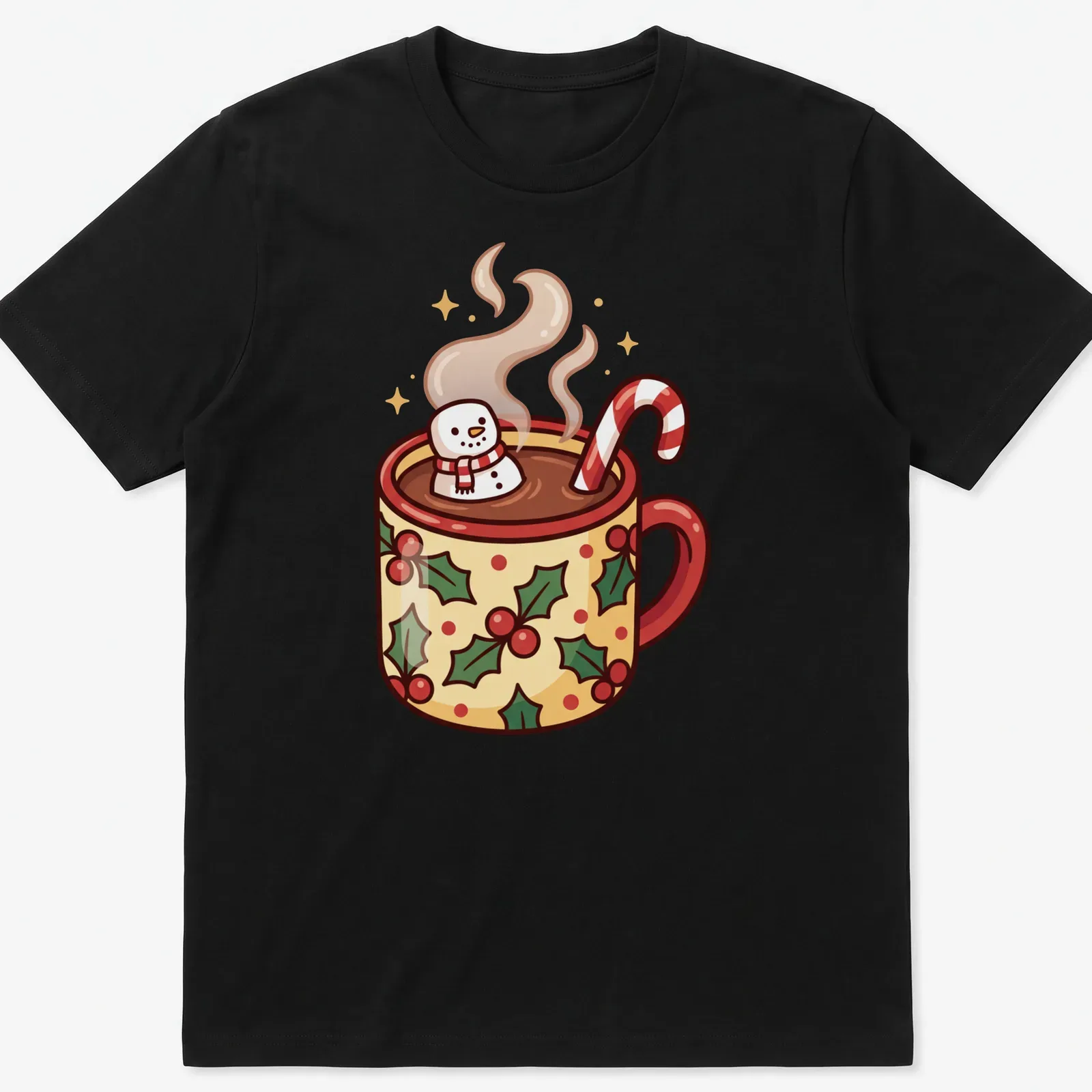 Cartoon hot cocoa cup with a snowman and candy canes in festive colors — printed on a unisex t-shirt