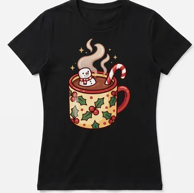 Cartoon hot cocoa cup with a snowman and candy canes in festive colors — printed on a women's shirt
