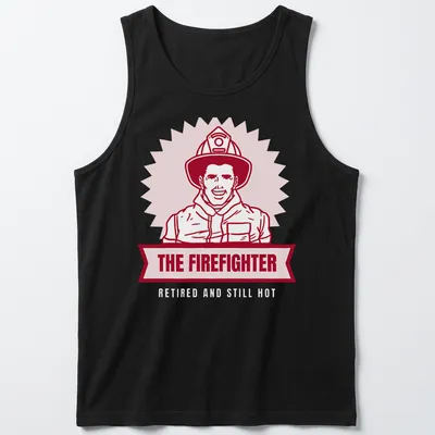 Bold illustration of a firefighter with text 'THE FIREFIGHTER' in red and light pink — printed on a tank top