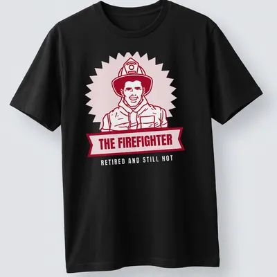 Bold illustration of a firefighter with text 'THE FIREFIGHTER' in red and light pink