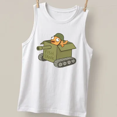 Cartoon fish in a military tank with bold text FISH TANK above it — printed on a tank top